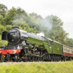 A green steam locomotive leads a passenger train