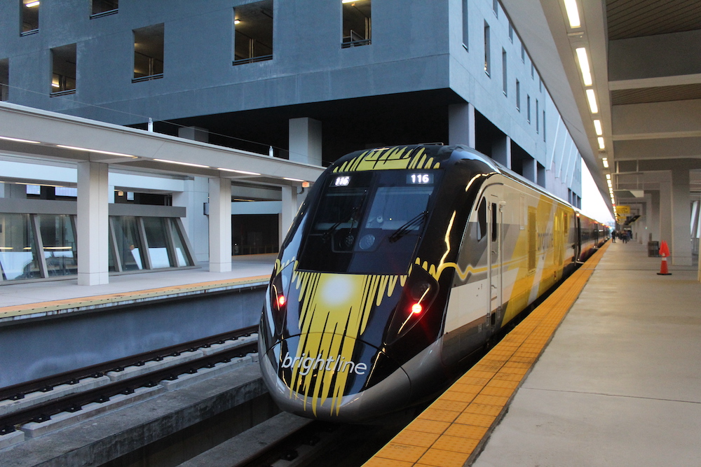 High speed passenger train at station.