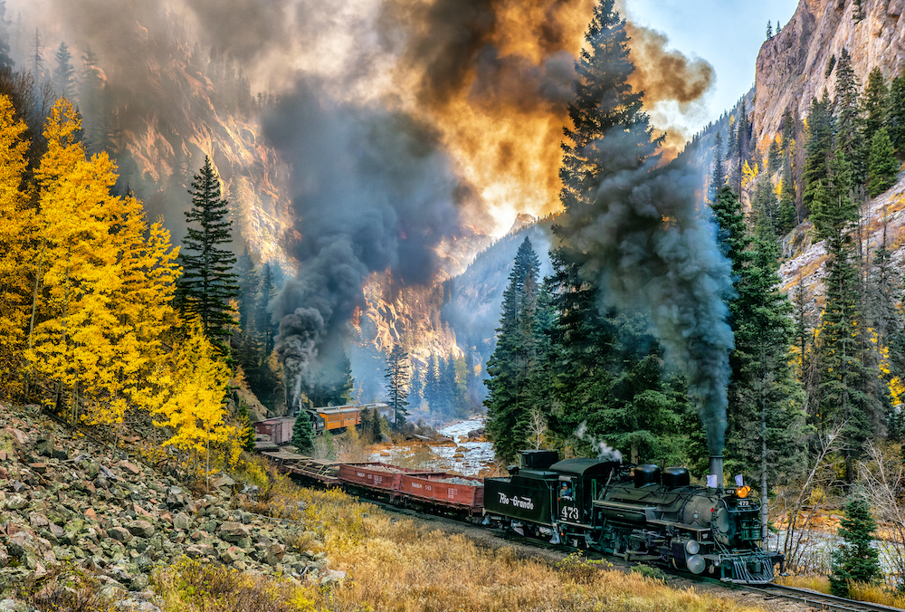 A steam locomotive partially obscures a mountain canyon, yellow aspens and evergreens frame the engine