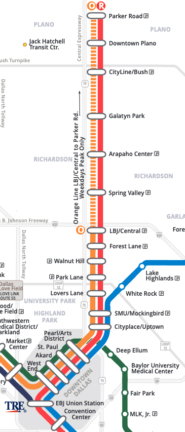 Portion of light rail system map for Dallas area