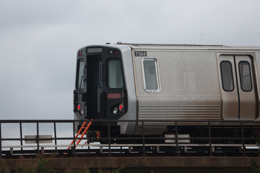 DC Metrorail car stopped on track with stairs leading to end door