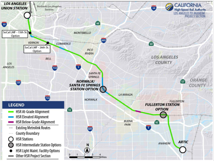 Map of planned high-speed rail route between Los Angeles and Anaheim, Calif.