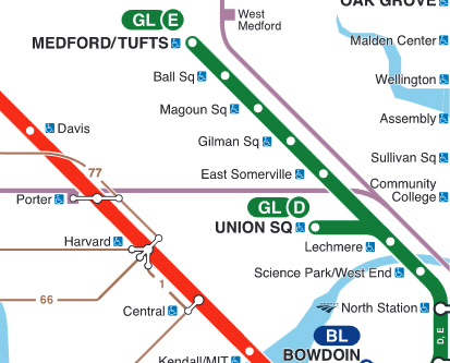 Portion of Boston transit map showing lines to Medford and Union Square