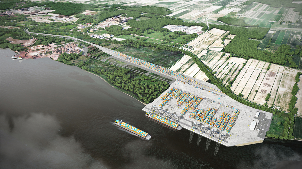 Aerial-view illustration of container terminal at port