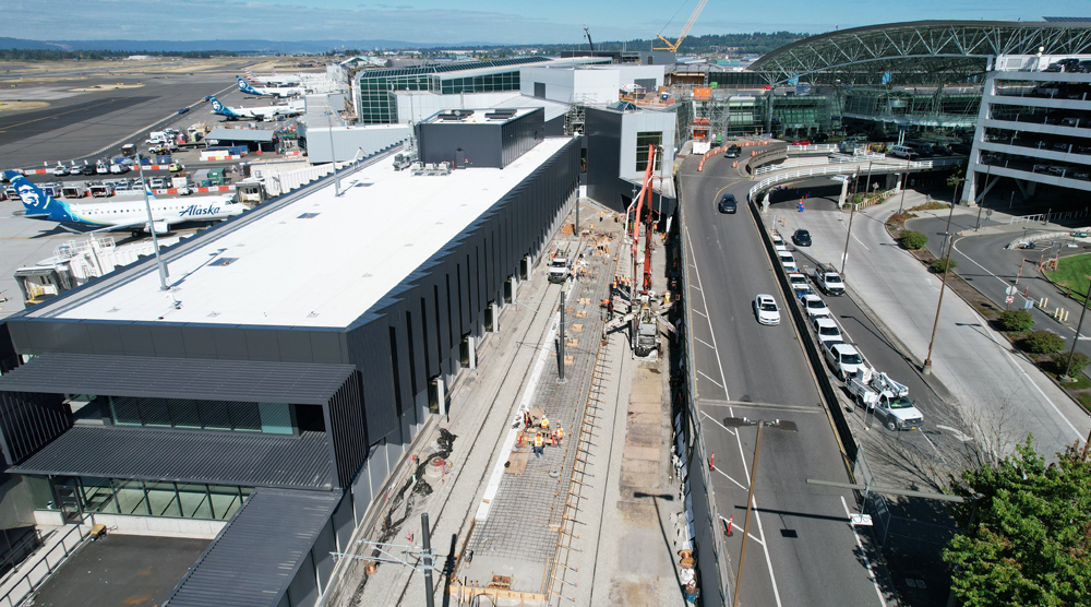 Aerial view of light rail station at airport