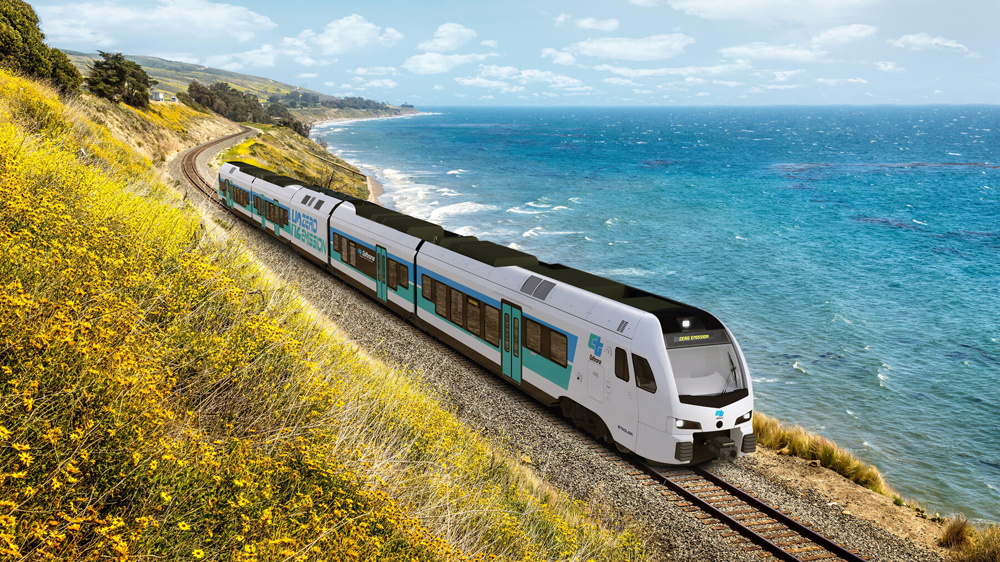 Illustration of multiple-unit passenger train operating along California coast