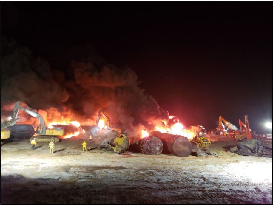 Tank cars burning at night