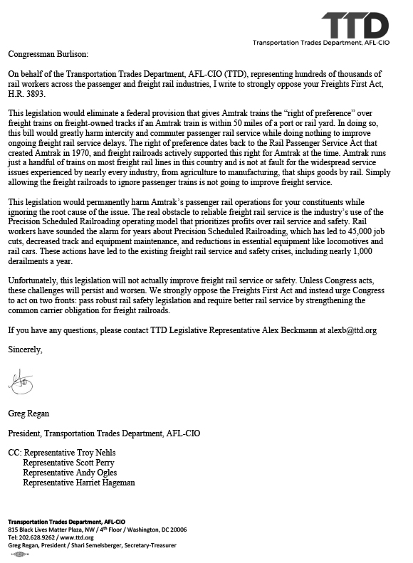 Letter to U.S. Rep. Eric Burleson from Greg Regan, president of the AFL-CIO Transportation Trades Department opposing the Freights First Act