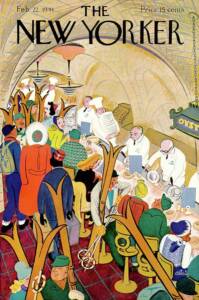 Magazine cover featuring many people in a crowded restaurant 