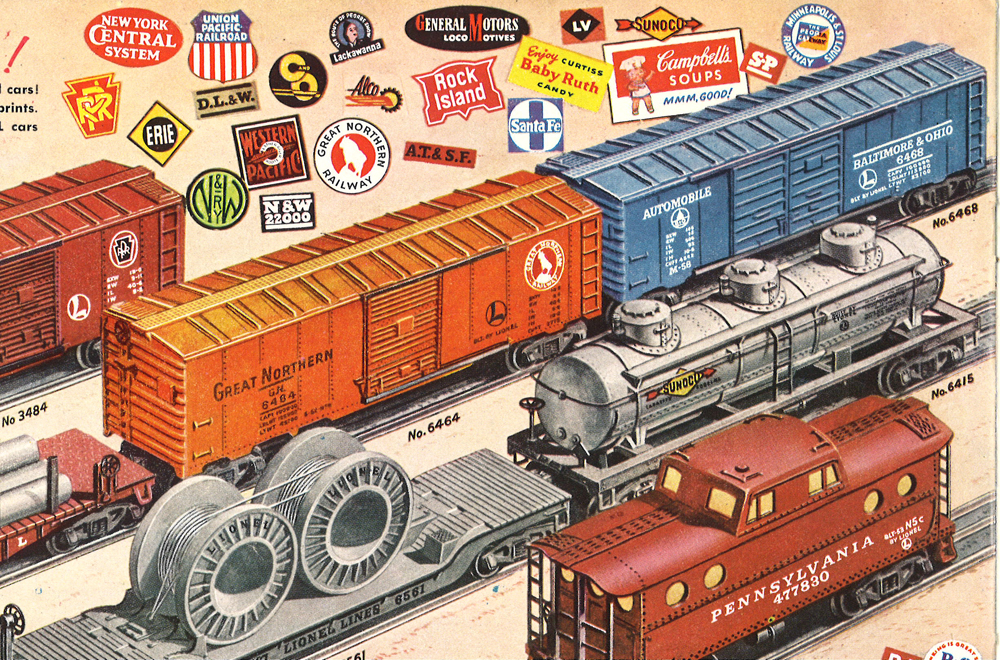 color vintage catalog page of Lionel boxcars