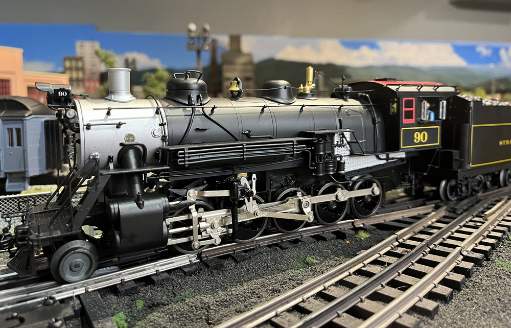 black model steam engine on layout