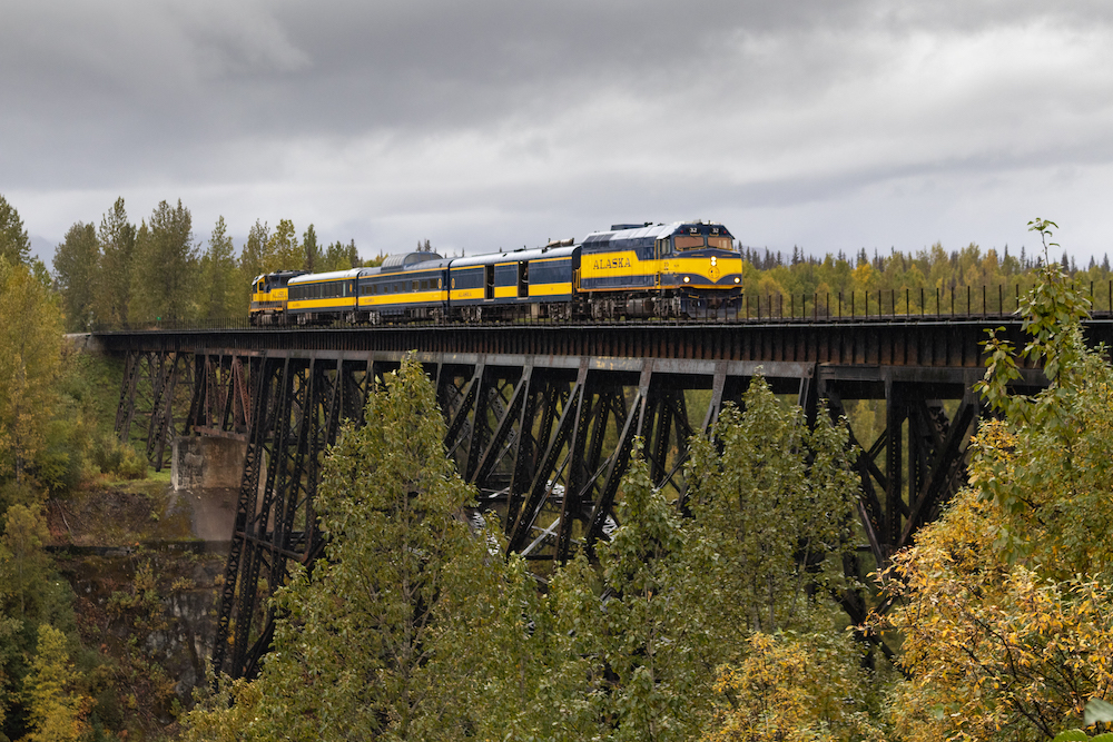 Surrounded by trees, a short yellow and blue train stands on a high, steel bridge