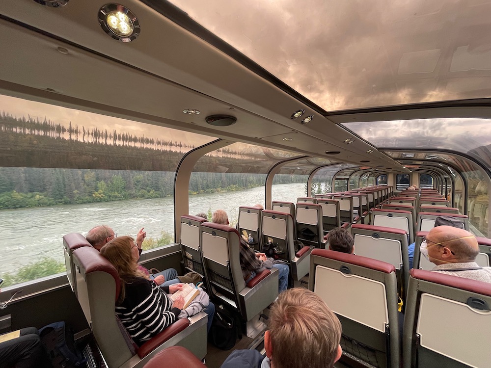 The interior fo a passenger coach with panoramic windows