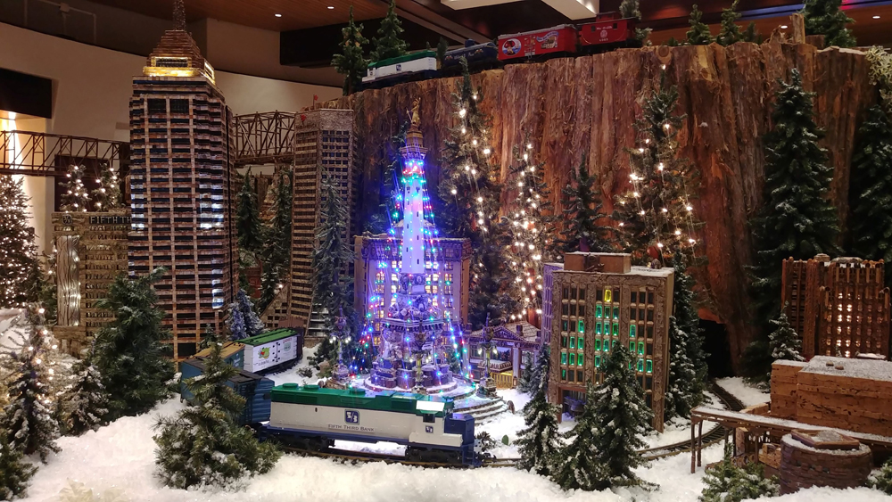 model train display with Christmas tree