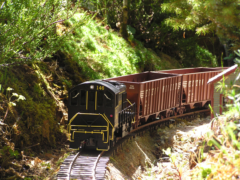 train with ore cars on garden railroad