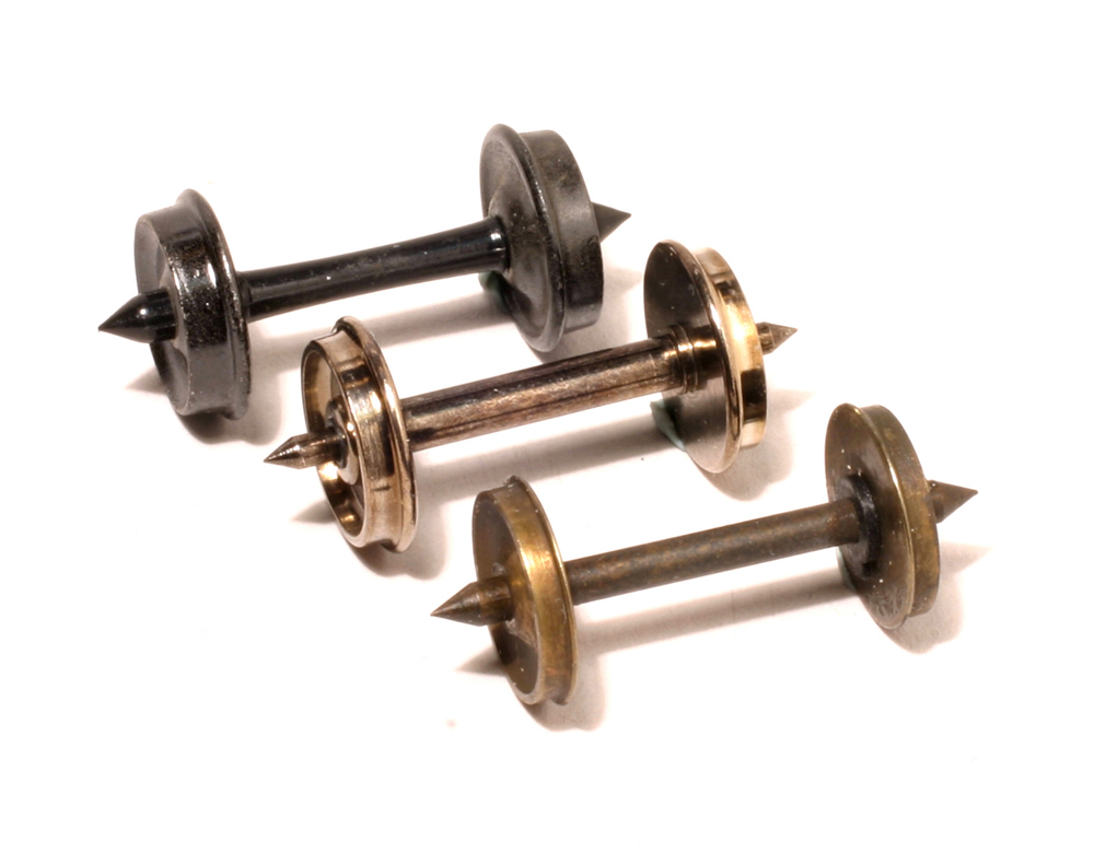 Photo showing three styles of HO scale metal wheelsets