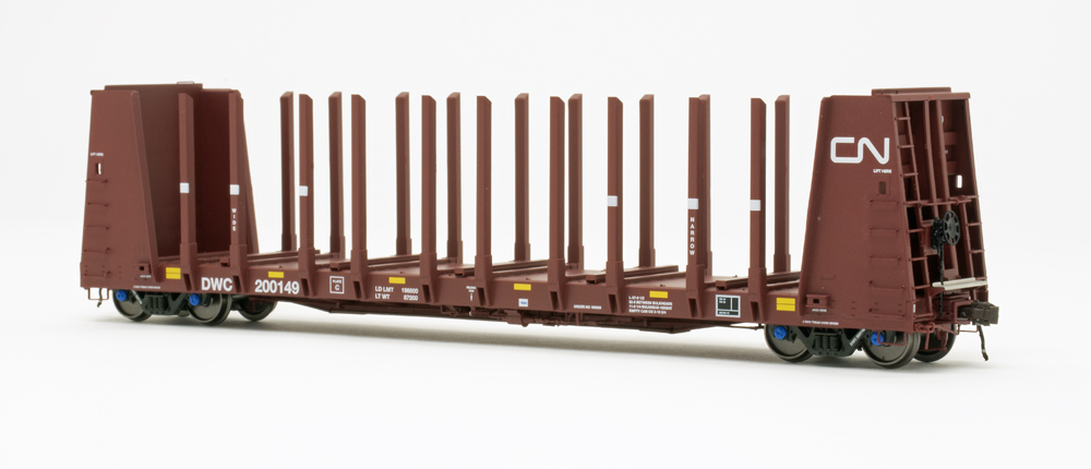 Color ¾ view of HO scale bulkhead flatcar.