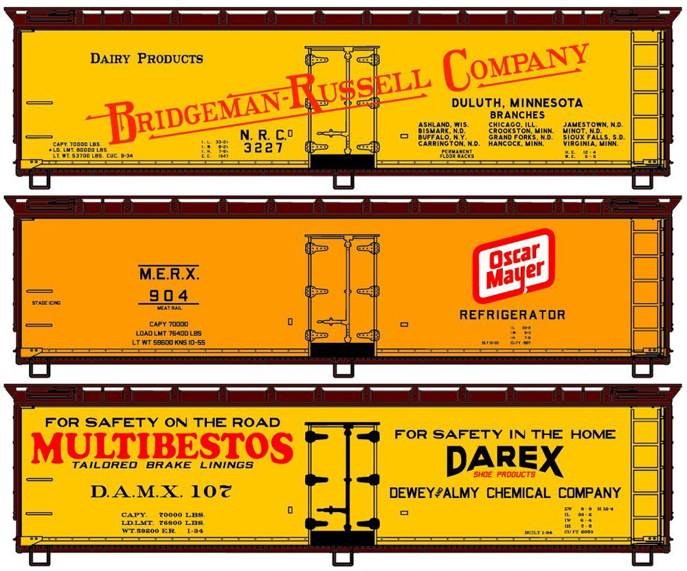 A series of 3 boxcars in varying paint schemes
