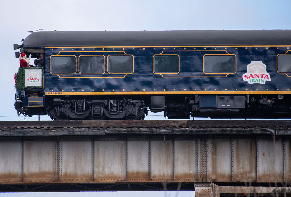 close up view of blue santa train car
