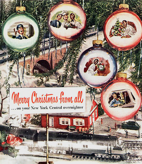Christmas print ad from New York Central. Christmas dinner dining car