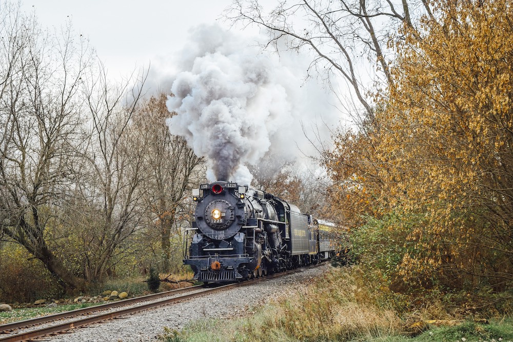 Steam locomotive running on a fall, cloudy day.