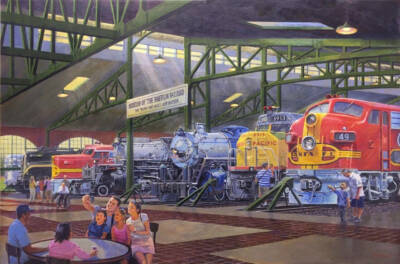 Painting showing locomotives displayed in a new museum building