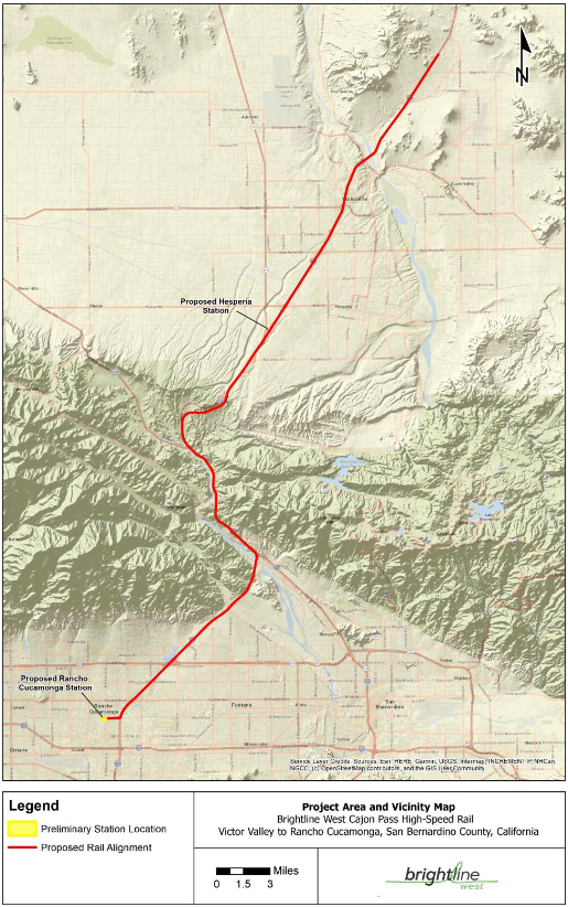 Map of planned rail line from Victorville, Calif., area to Rancho Cucamonga, Calif.