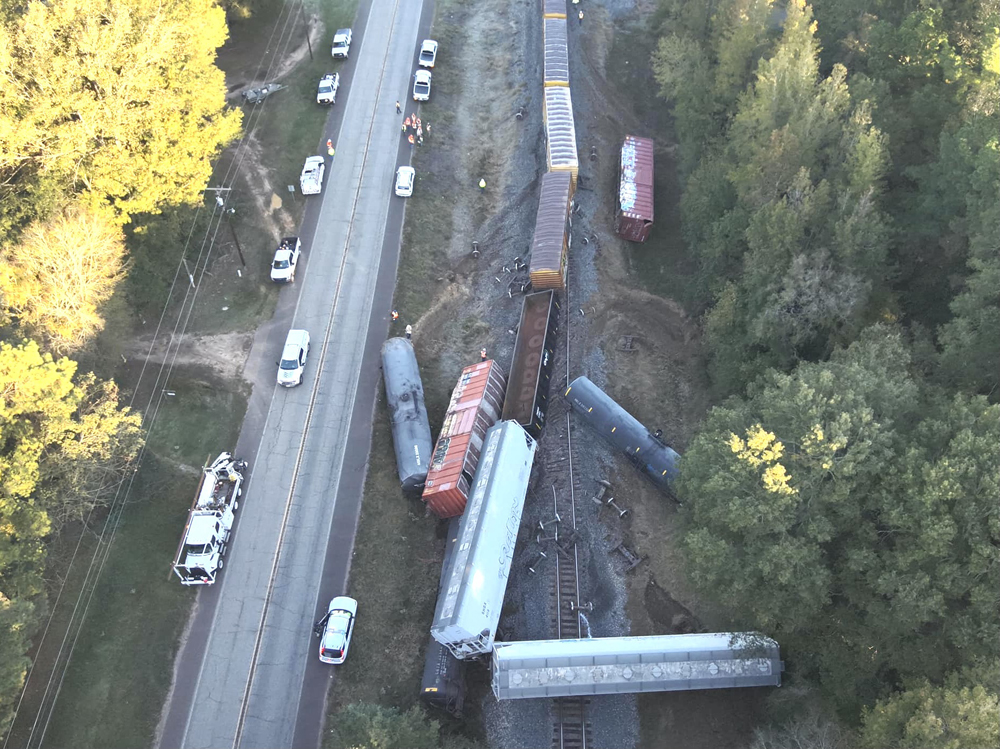 Aerial view of derailed freight cars