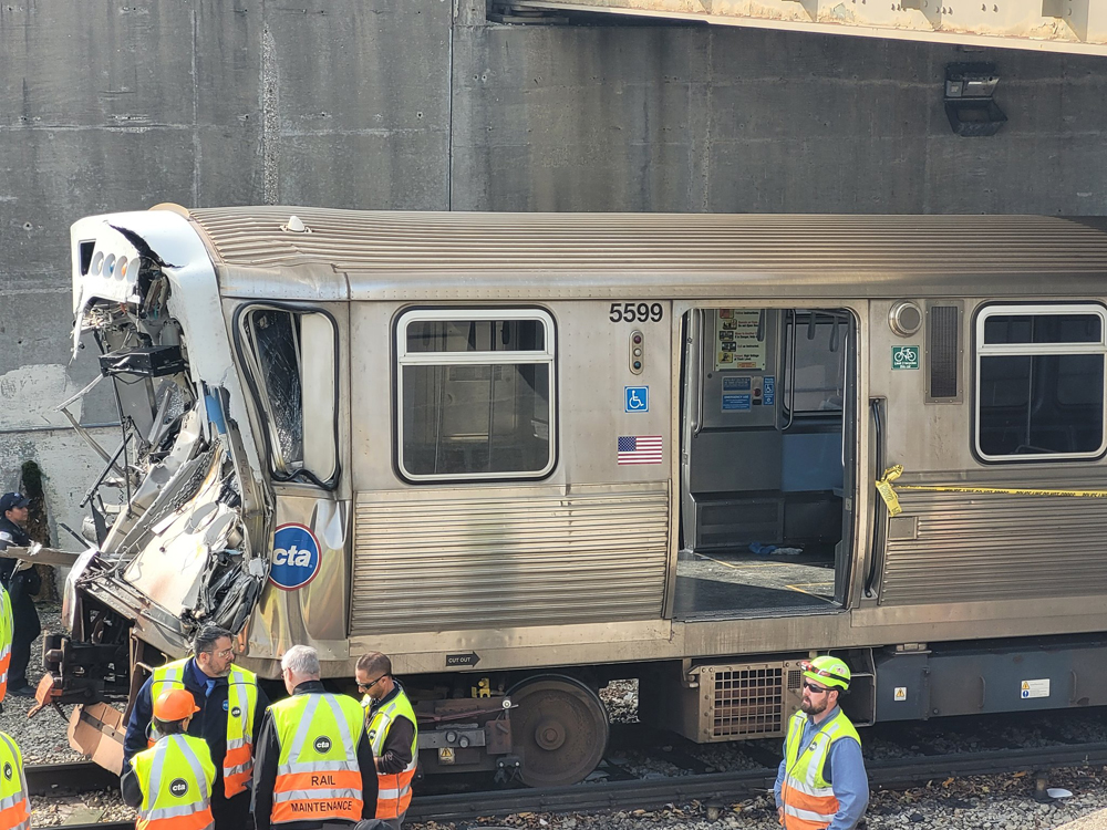 Stainless steel railcar with smashed-in front end