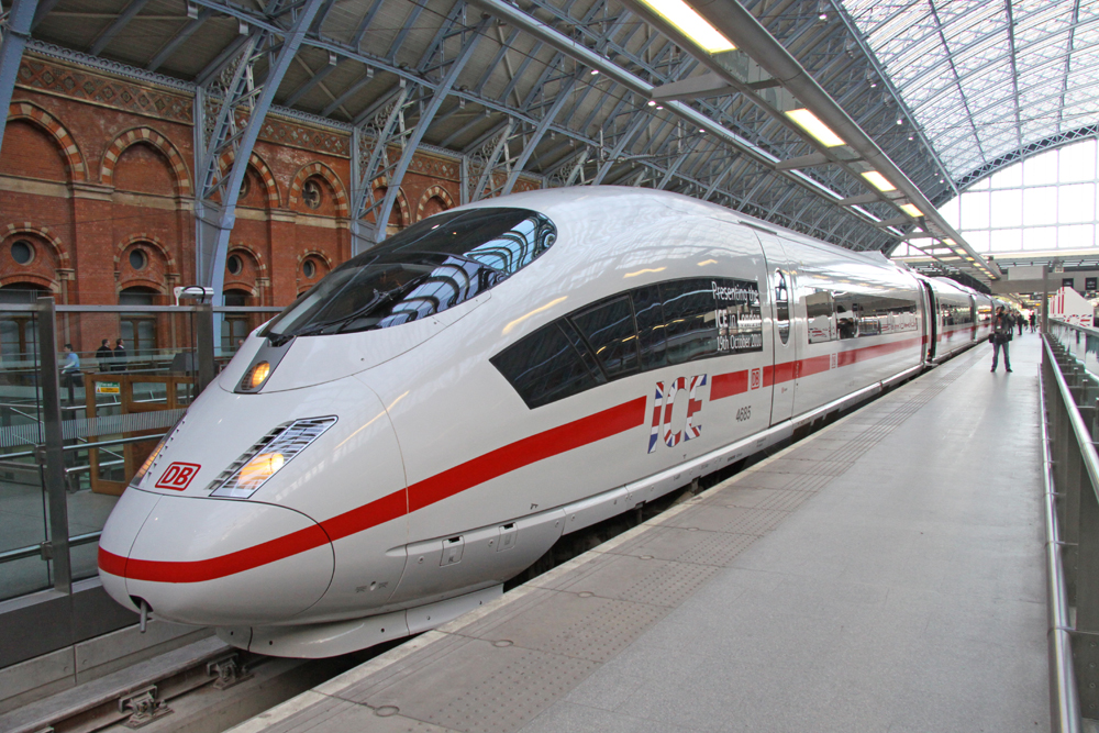 White German high speed train with "ICE" lettering featuring Union Jack flag