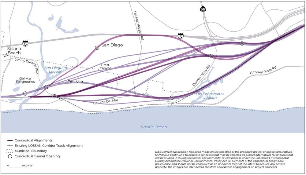 Map of potential rall tunnel routes in Del Mar, Calif.