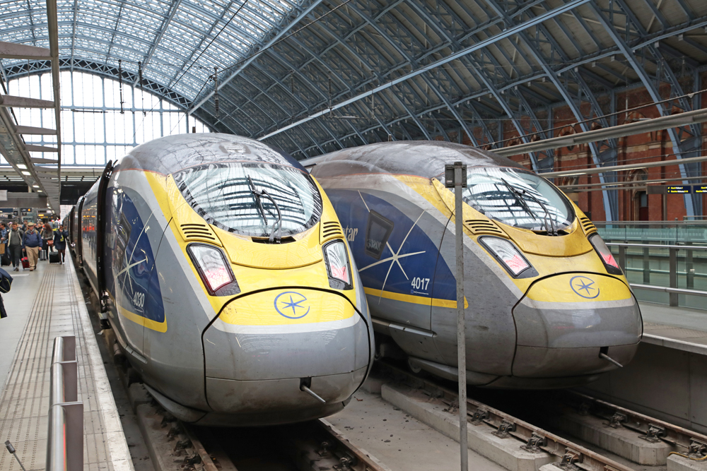 Two high speed trains under station trainshed