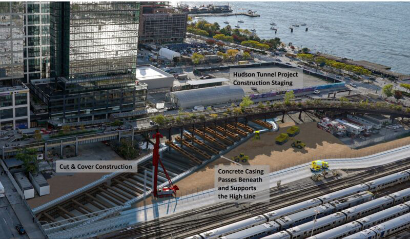 Aerial diagram of construction work preceding Hudson Tunnel project