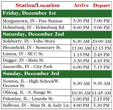 Schedule table for Indiana Railroad Santa Train