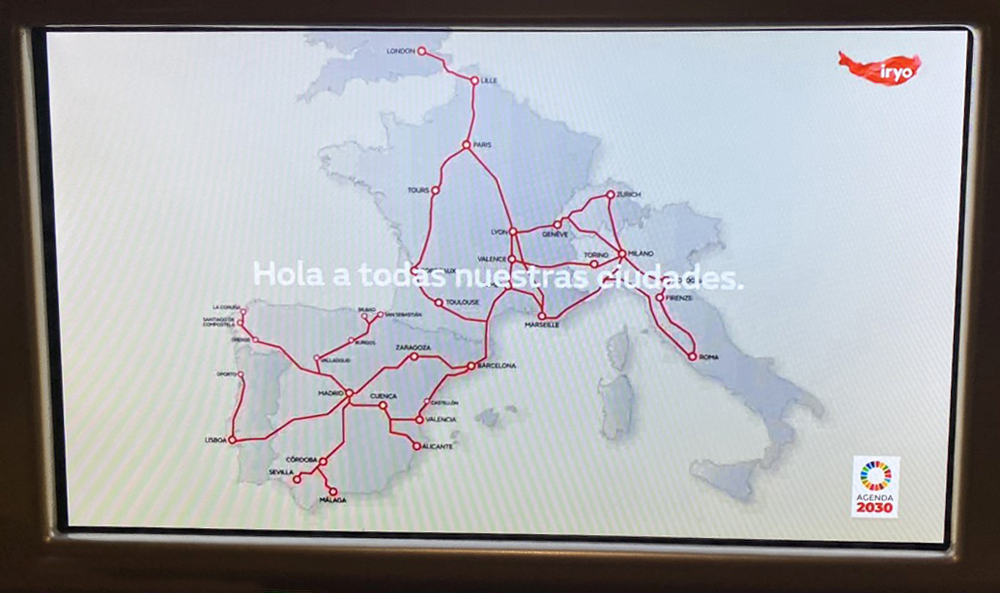 Map showing high speed rail service in Spain and elsewhere in Europe, including line to London