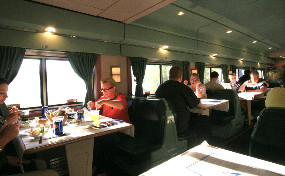 Inside of dining car with remodeled interior.