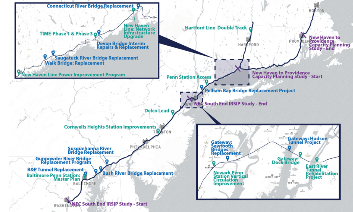 Map of infrastructure projects on Northeast Corridor