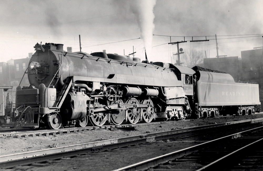Black and white view of 4-8-4 steam locomotive