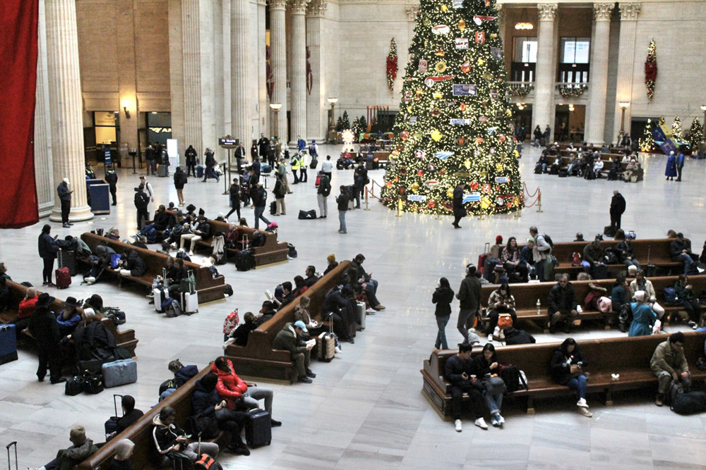 Large waiting room area with Christmas tree