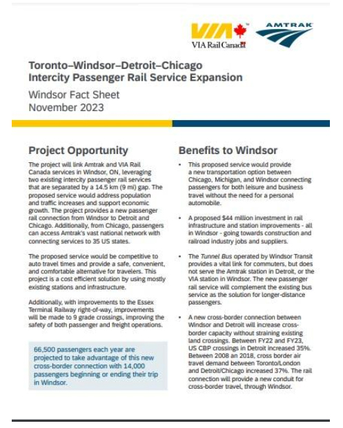 Image of Via-Amtrak fact sheet on Windsor project