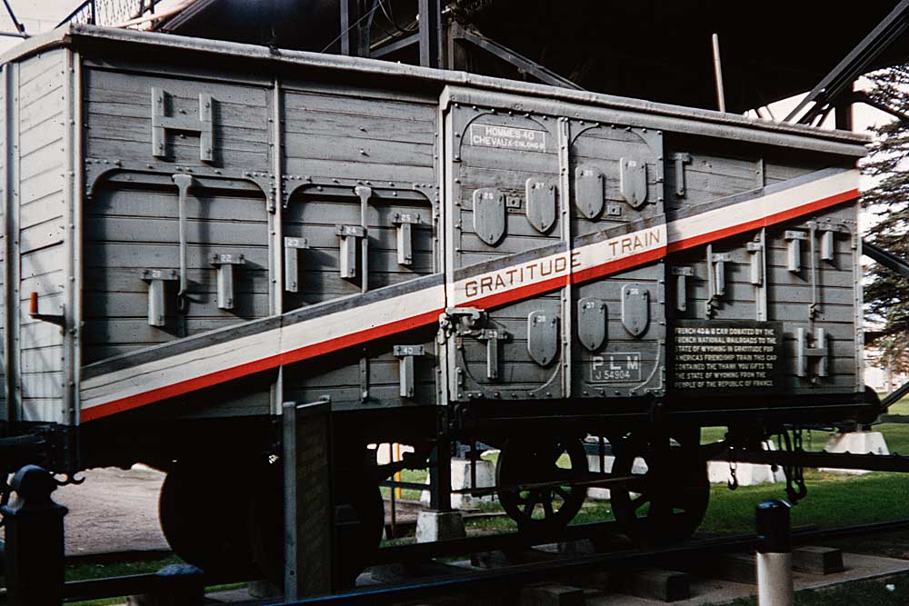 Gray, four-wheel boxcar from France’s Merci train gift to the U.S.