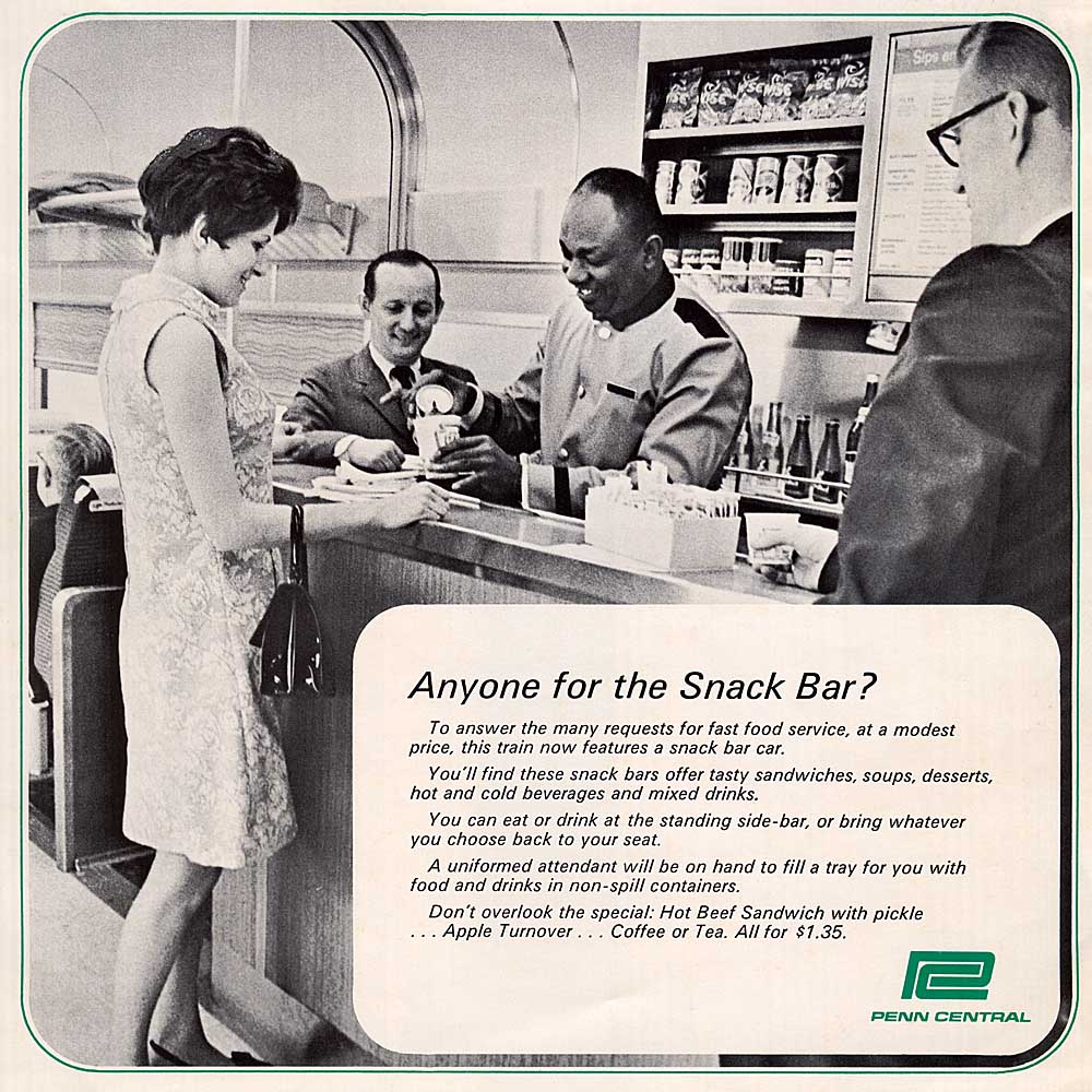 Advertising picture for railroad dining car meals served in a snack bar car