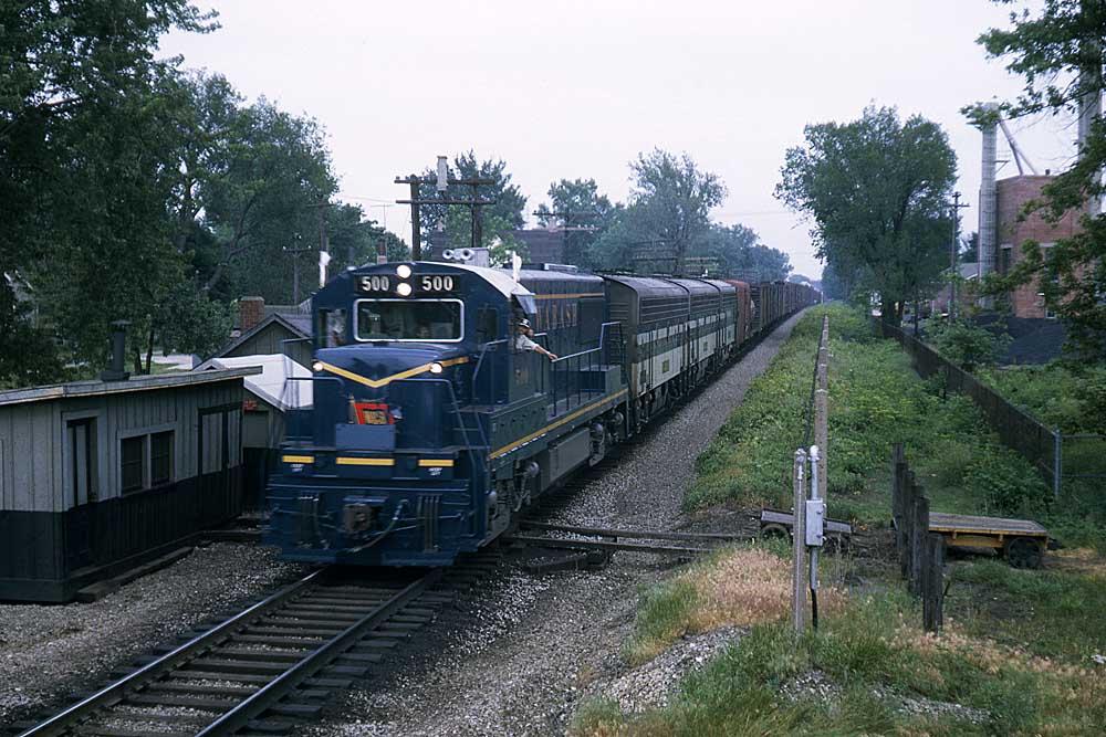 Solid blue diesel locomotive on freight train of Wabash Railway history