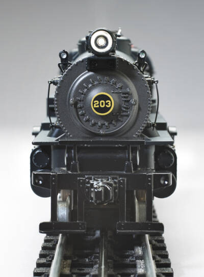 Close up of front of model steam engine