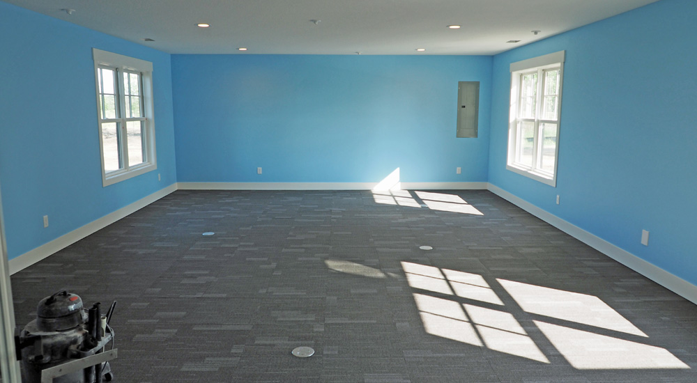 A sunny, empty room with blue-painted walls