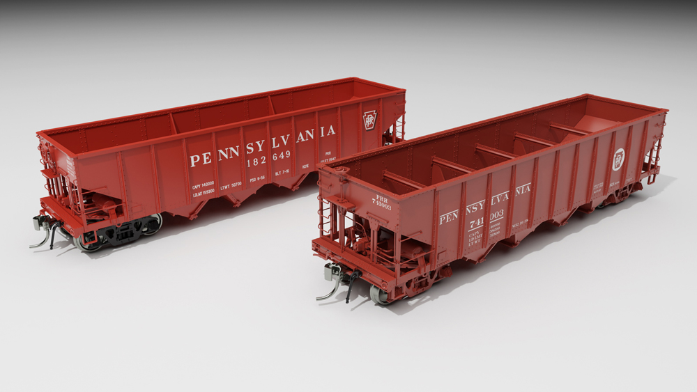 Two model freight cars in a red paint scheme