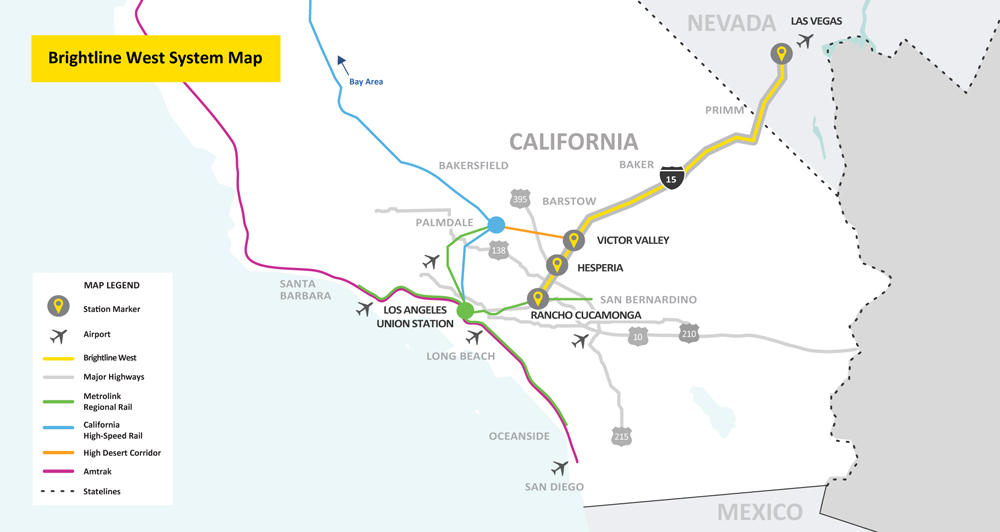 Map of Brightline West and connecting rail lines