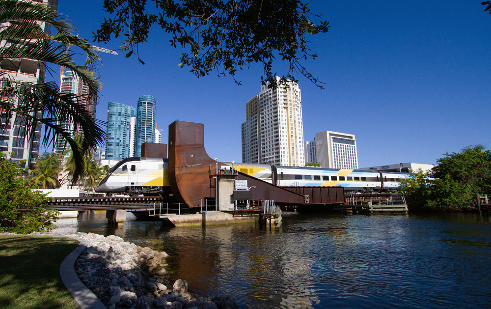 Passenger train on drawbridge