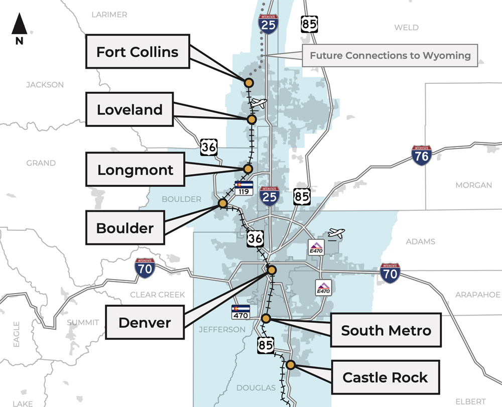 Map of northern Colorado with proposed rail line
