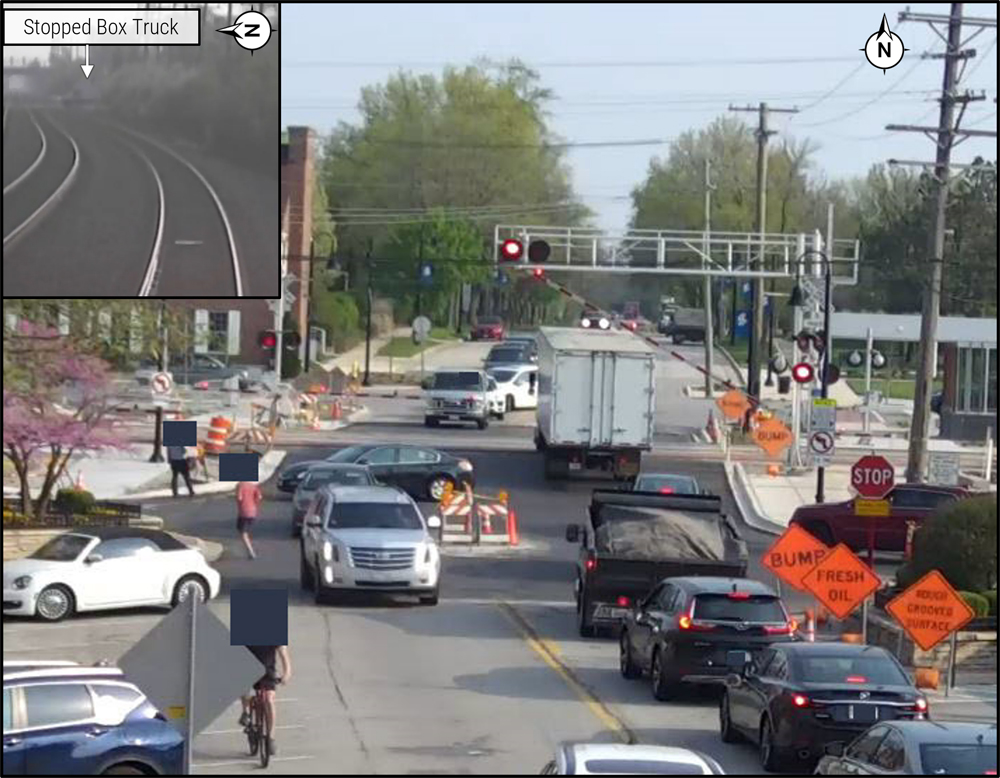 Image of truck stopped on grade crossing